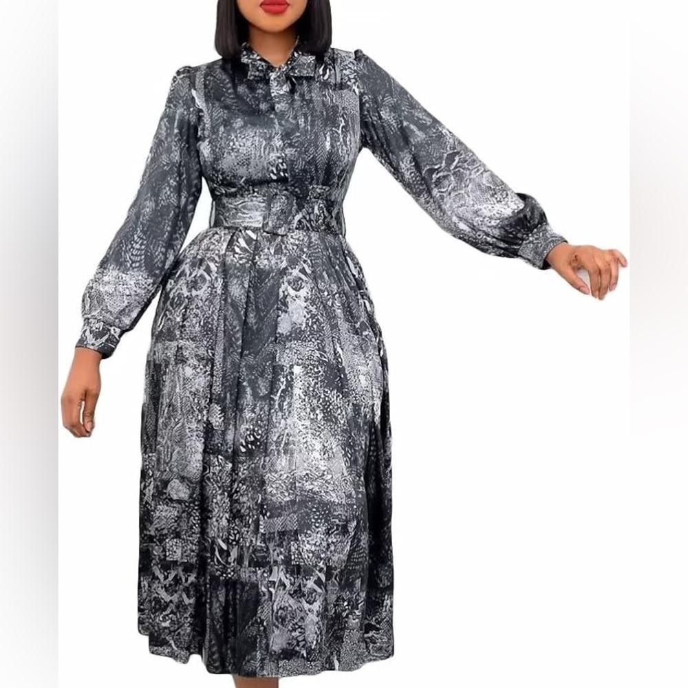 Women's Large Casual Floral Long Evening Dress  with Belt Printed Cocktail Gown